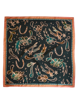 Spurs and Floral Turquoise and Peach Western Silk Wild Rag Scarf