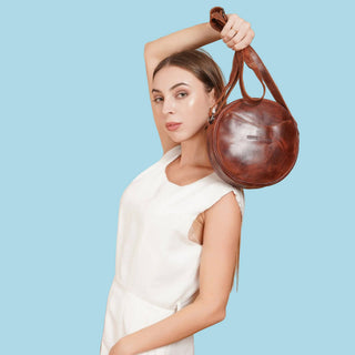 Luna Leather Round Crossbody Bag – Women's – Chestnut, Brown & Hair-On Brown: Brown