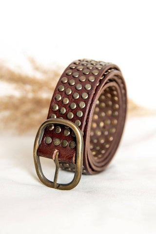 DARK BROWN LEATHER BELT WITH STUDS WIDE
