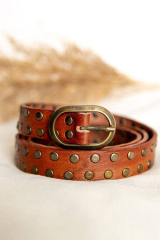 LIGHT BROWN LEATHER BELT WITH STUDS NARROW