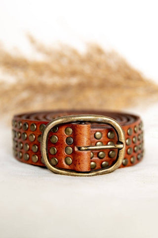 LIGHT BROWN LEATHER BELT WITH STUDS WIDE