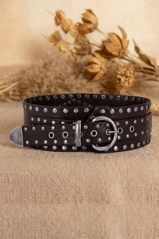 Apolo dark brown leather sash belt with silver studs