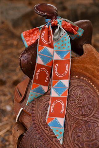 Frontier Patchwork Twilly Scarf in Rust: Boho Western Cowgirl Silky Scarf
