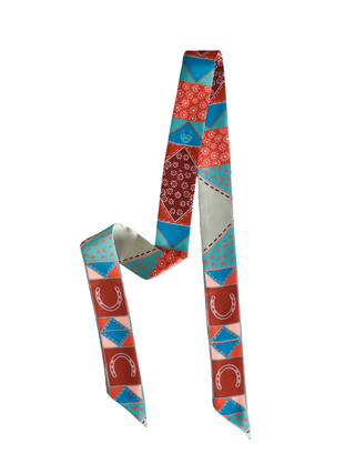 Frontier Patchwork Twilly Scarf in Rust: Boho Western Cowgirl Silky Scarf