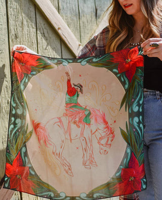 Poinsettia Bronc Rider Wild Rag | Western Christmas Silk Scarf