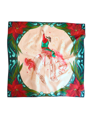 Poinsettia Bronc Rider Wild Rag | Western Christmas Silk Scarf