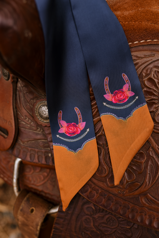 Rodeo Rose Twilly Scarf in Mustnight Blue: Floral Western Cowgirl Silky Scarf