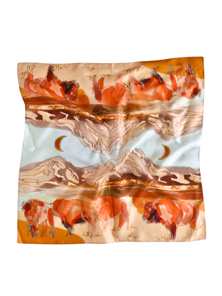 Bison and Mountain Range Western Buffalo Silk Wildrag Scarf