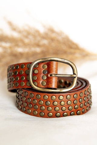 LIGHT BROWN LEATHER BELT WITH STUDS WIDE