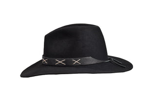 Black Beaver Fedora – Hand-Stitched Criss-Cross Leather Band, Size 8