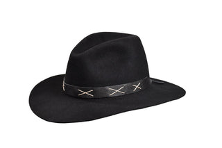 Black Beaver Fedora – Hand-Stitched Criss-Cross Leather Band, Size 8