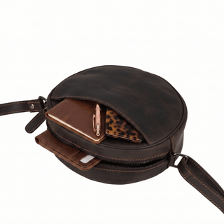 Luna Leather Round Crossbody Bag – Women's – Chestnut, Brown & Hair-On Brown: Hair-On Brown