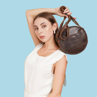 Luna Leather Round Crossbody Bag – Women's – Chestnut, Brown & Hair-On Brown: Hair-On Brown
