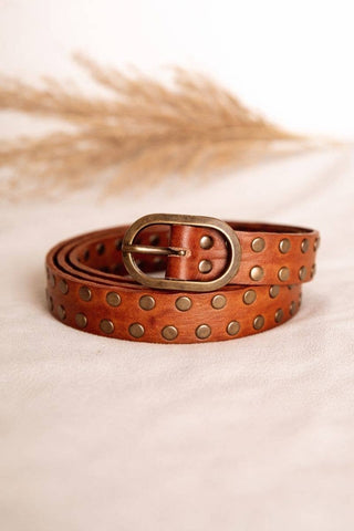 LIGHT BROWN LEATHER BELT WITH STUDS NARROW