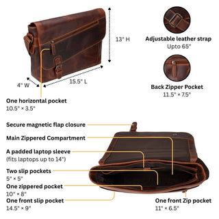 Premium Leather Laptop Bag 14" – Chicago – Chestnut