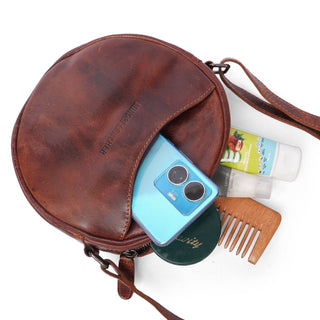 Luna Leather Round Crossbody Bag – Women's – Chestnut, Brown & Hair-On Brown: Brown