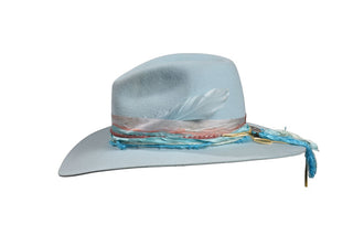 The Muse in Light Blue, European Hare –Fedora, Rhodochrosite & Silk, Size 7 1/8
