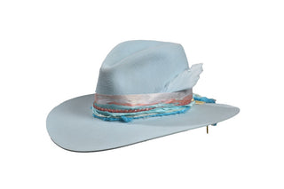 The Muse in Light Blue, European Hare –Fedora, Rhodochrosite & Silk, Size 7 1/8
